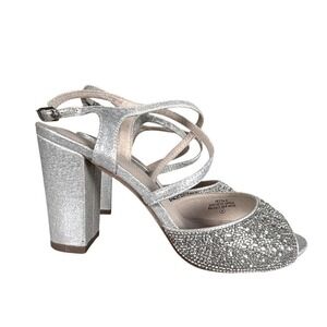 BLOSSOM Silver Glitter‎ Rhinestone Block Heel Sandals Women's Size 9